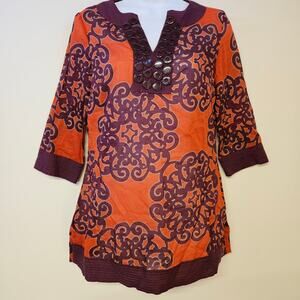 Merona Women's Blouse Tunic 3/4 Sleeve Size XS Orange Burgundy Mature‎